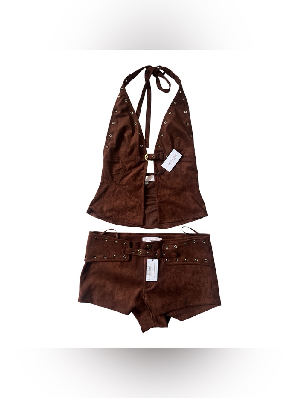 Isabelle’s Cabinet Crowd pleaser Brown Suede Halter Top and Short Set